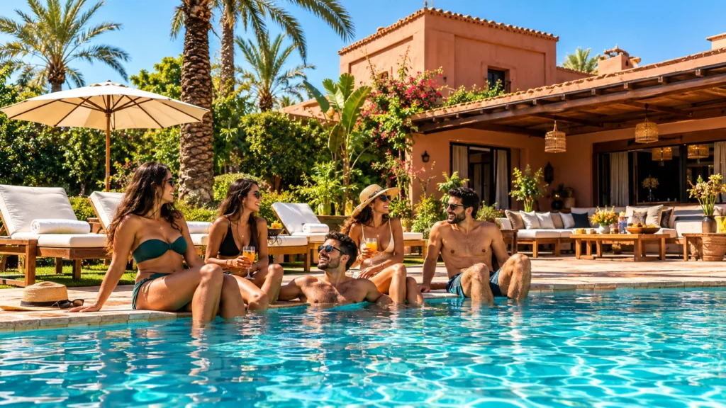 Groupe d’amis profitant d’une piscine à Marrakech
